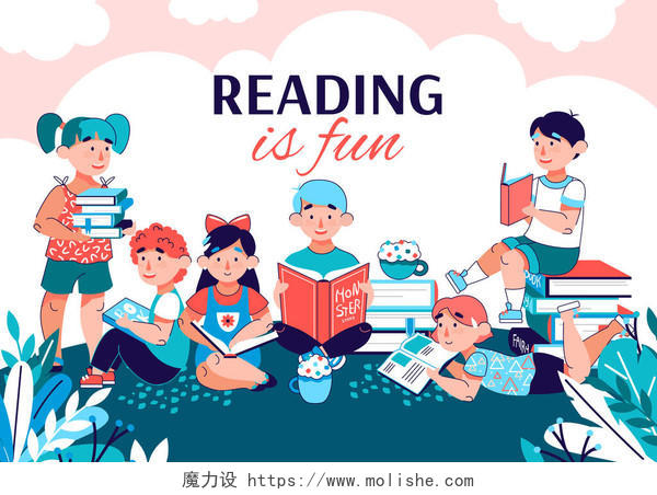 有快乐女孩和男孩读者在户外阅读的儿童教育海报学习提升读书分相会阅读世界读书日